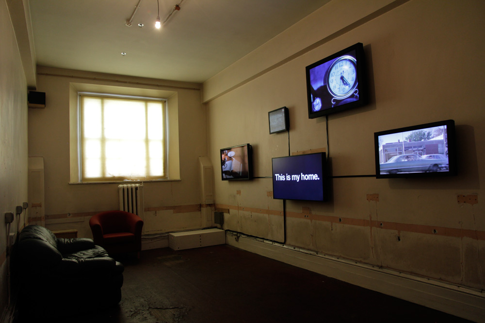 Bjørn Melhus: This is my Home, 5 channel video installation on 5 flat screens, 2011, Installation view: Dublin Contemporary, Dublin, 2011